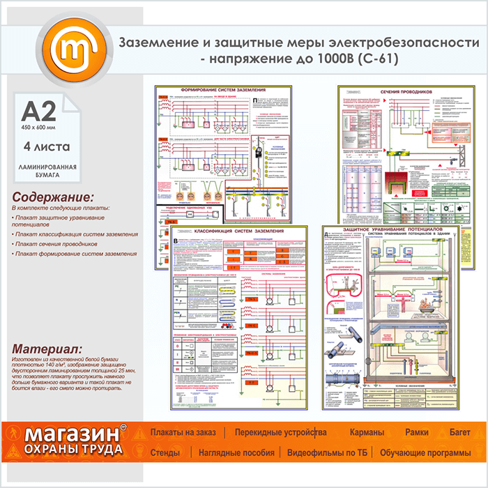 Плакаты «Заземление и защитные меры электробезопасности - напряжение до ...