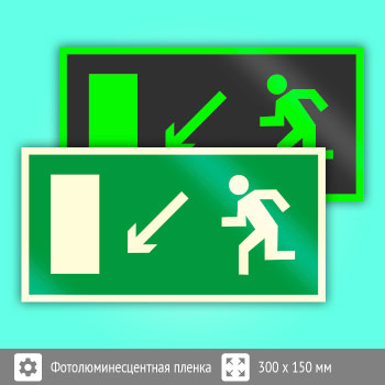 Знак E08 «Направление к эвакуационному выходу налево вниз» (фотолюминесцентная пленка, 300х150 мм)
