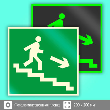 Знак E13 «Направление к эвакуационному выходу по лестнице вниз (правосторонний)» (фотолюминесцентная пленка, 200х200 мм)