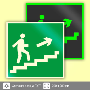 Знак E15 «Направление к эвакуационному выходу по лестнице вверх (правосторонний)» (фотолюминесцентная пленка ГОСТ 34428-2018, 200х200 мм)