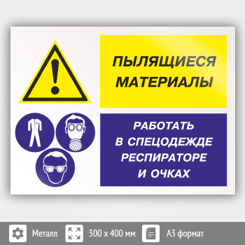 Знак «Пылящиеся материалы - работать в спецодежде, респираторе и очках», КЗ-79 (металл, 400х300 мм)